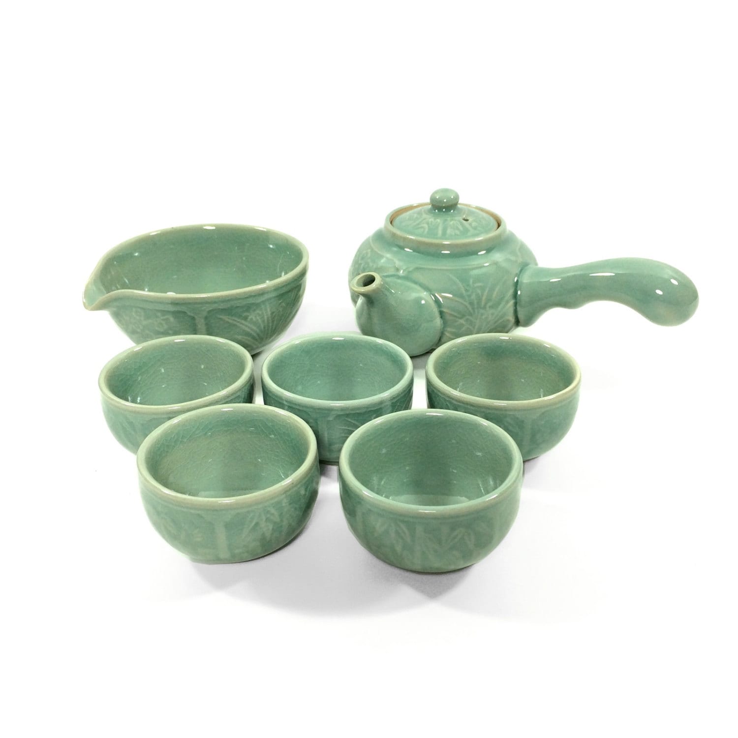 Vintage Korean Celadon Tea Set with Teapot Cooling Bowl and