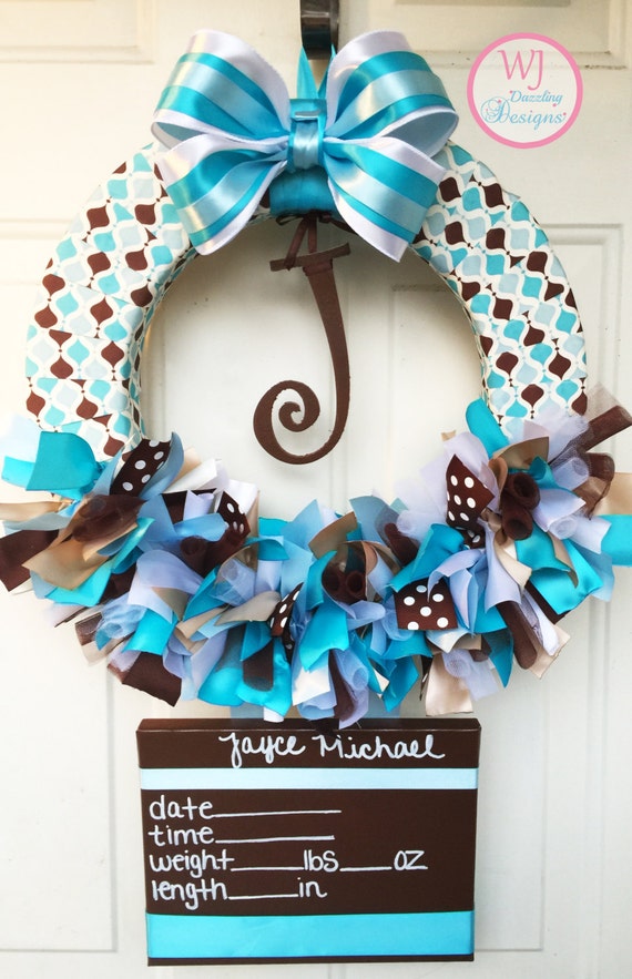 Baby Boy Hospital Door Wreath. Blue Brown and by WJDazzlingDesigns
