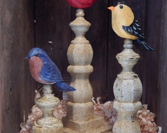 Hand Carved Birds Perched on Antiqued Architectural Spindles. Set of Three Birds.