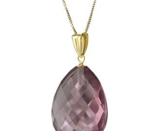 14k Yellow Gold Clad 925 Sterling Silver Natural AAA Faceted Pear Rhodolite Quartz Pendant Necklace