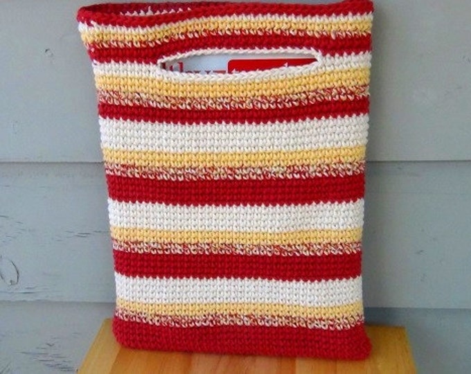 Crochet Tote Bag - Cotton Tote Bag - 10" x 13" Country Red, Yellow, White, Variegated Stripe Sac