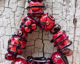 HandMade Lampwork -:- CanCan Dance Mishap -Set of 14 Beads - Artisan Made in the USA - Fully Kiln Annealed -