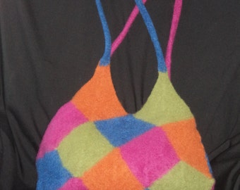 Hand-knit felted purse in a diamond pattern.