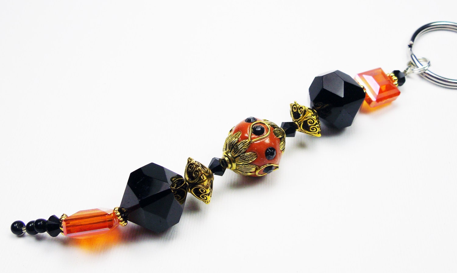 Orange/ Black Beaded Keychain Unique Key Fob Beaded