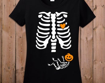 Pregnant Skeleton Shirt Pregnant Halloween Costume Maternity Skeleton T Shirt Unisex Pumpkin Halloween Pregnancy Announcement Shirt Ladies
