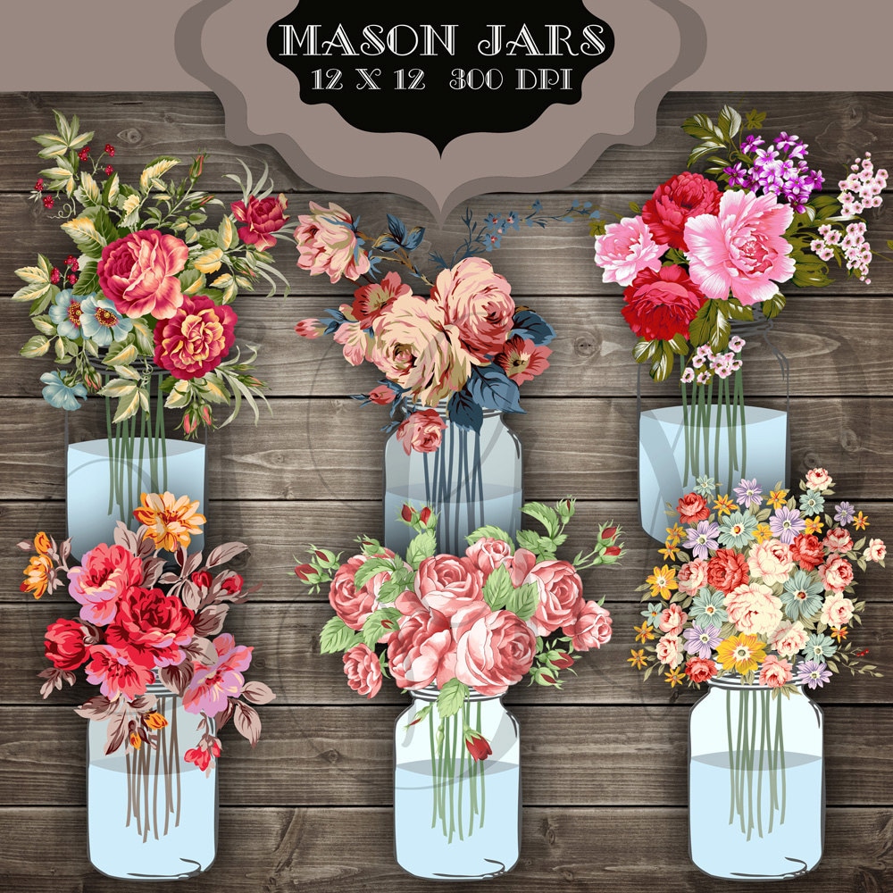 Wedding Clip Art Mason Jar Bouquet Digital Clipart Vintage