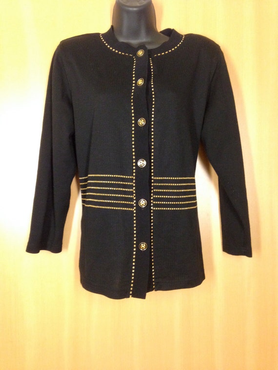 Vintage Black Gold Cardigan / Sweater / Polyester / Medium M