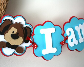 Puppy High Chair Banner Puppy Themed Birthday Puppy Banner Red, Aqua and White Birthday Banner I am One Banner