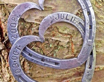 Blacksmith Forged, Entwined Horseshoes, Personalised with both date and names: iron / steel anniversary gift