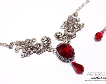 Vampire Gothic necklace - antique silver settings and blood red Siam Swarovski crystals - Victorian Gothic jewelry