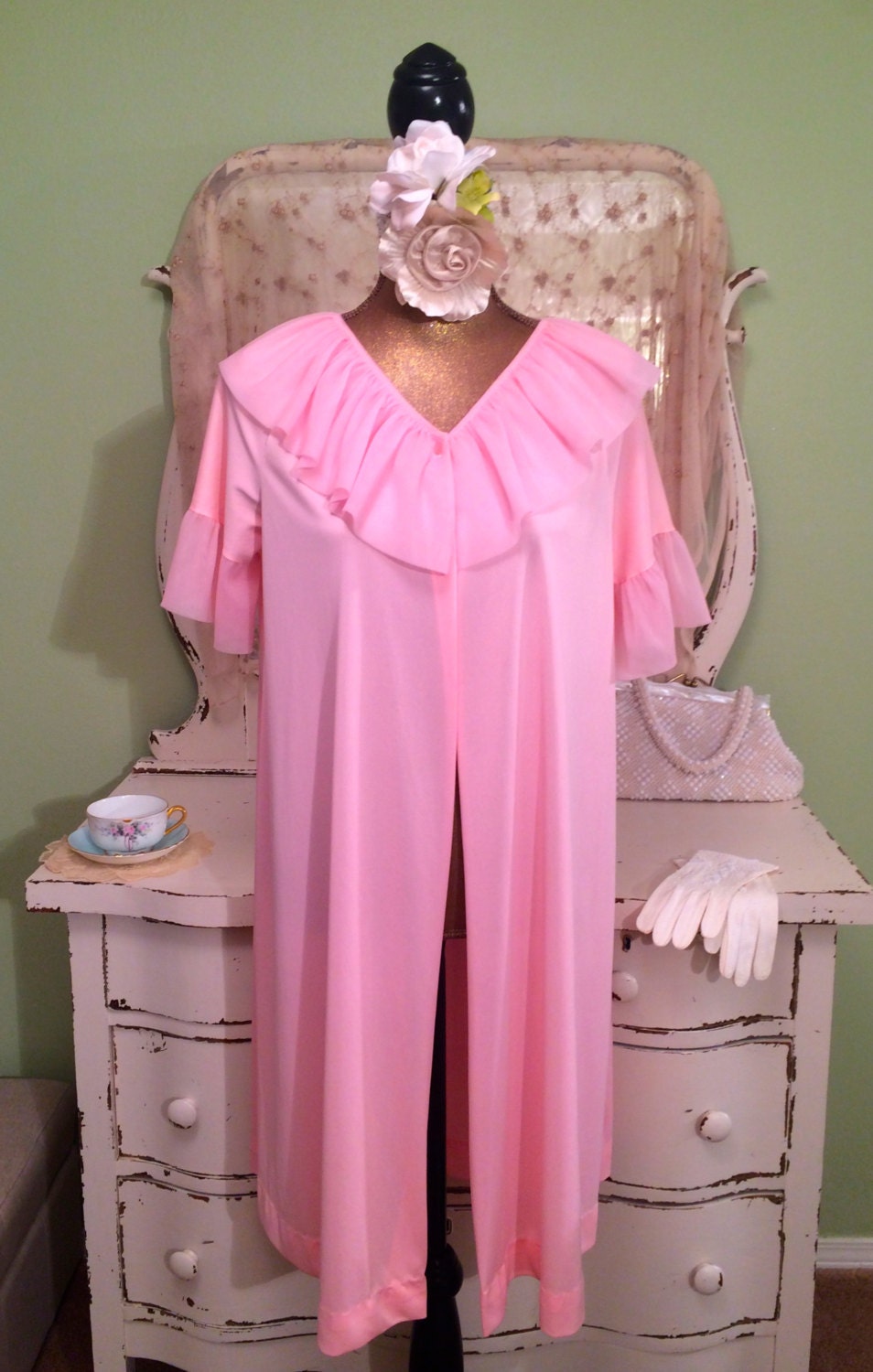 1960s Pink Robe Bubble Gum Chiffon Frilly Sheer Nylon