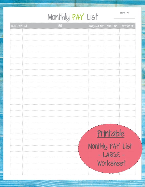 P/printable Monthly Bill Paying Worksheet | Template Printable