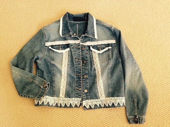 Shabby Chic Denim Jean Jacket Embellished with Lace by Not2Shabbee