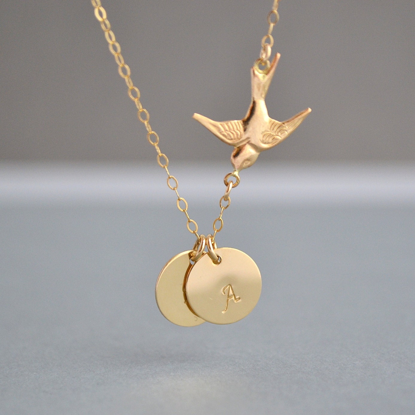 GOLD BIRD NECKLACE Two Initial Necklace Love Bird Family