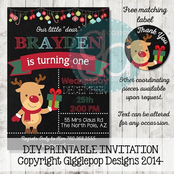 reindeer christmas party themed birthday invitation printable reindeer christmas party themed birthday invitation printable