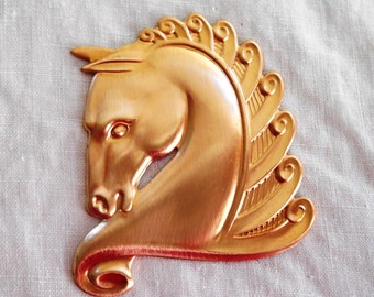 1 raw brass art nouveau horse head pendant, charm, brass stamping, ornament 59 x 47mm, made in the USA C1901