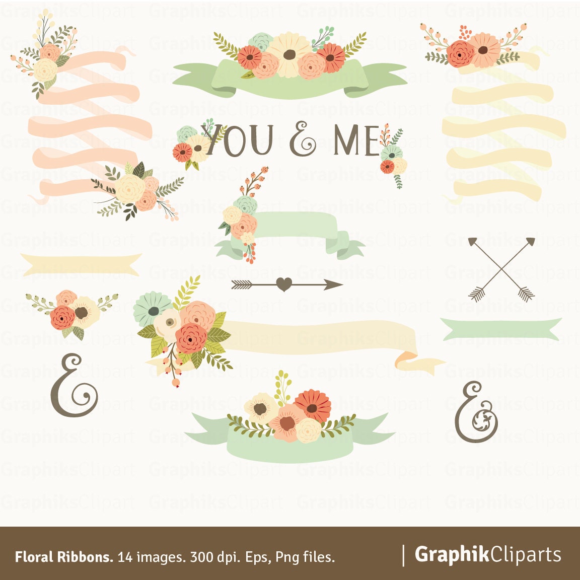 Floral Ribbons Clipart. Ribbons Flowers Arrows Ampersand.