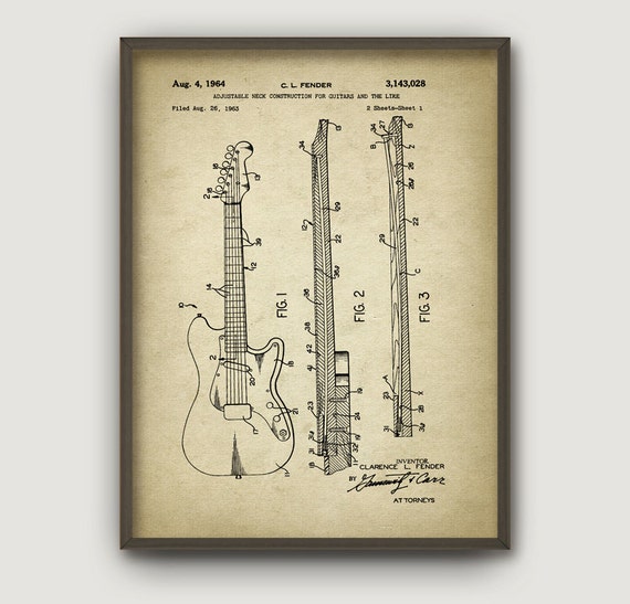 Items similar to Adjustable Guitar Neck Patent Wall Art Poster - Aged ...