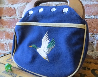 Vintage 1960's Mallard Duck clutch with Contrast Piping and Wooden Handle