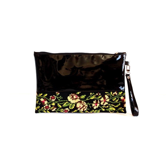 black embroidered clutch bag