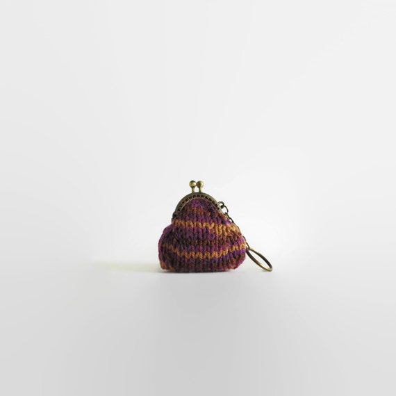 Keychain Coin Purse Knitted in Variegated Purple Wool