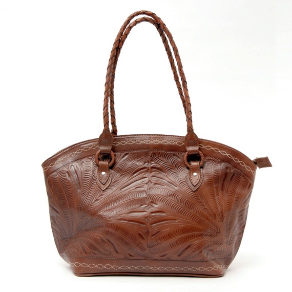 Tooled Leather Tote hand tooled tote carved leather by SABRINATACH