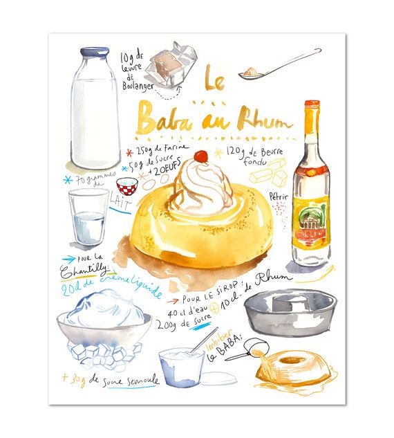 French cake recipe poster Baba au rhum watercolor