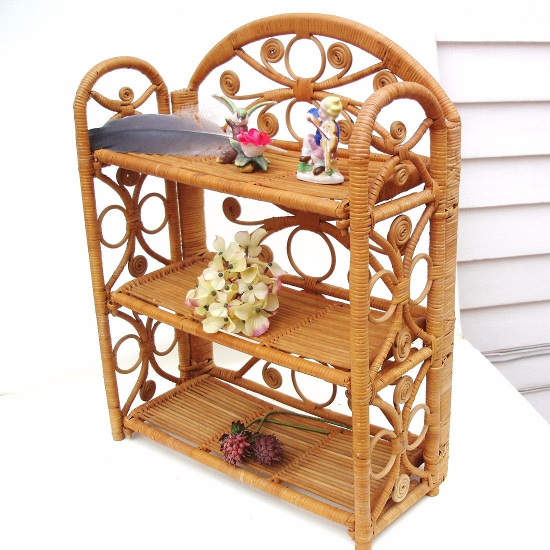 Vintage Wicker Shelf Folding Shelf Etagere Knick Knack Storage