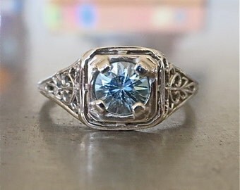 Antique Blue Zircon Ring-Unique Engagement Ring -Edwardian Engagement Ring- Vintage 1920s Engagement-Aquamarine Engagement-Downton Abbey