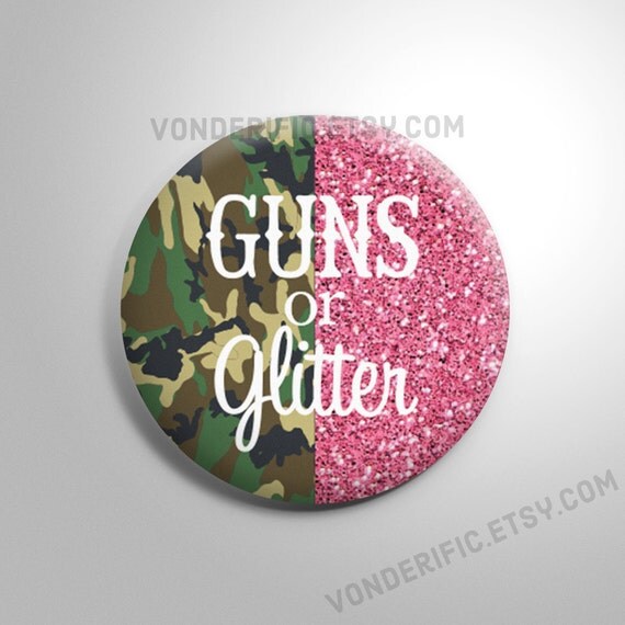 baby you don't know shower gender ideas Reveal Favors Glitter Camo inch 2.25 Guns or Party Gender