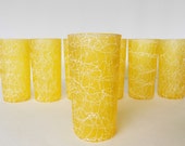 Vintage Color Craft  Yellow Shat-r-pruf Tumblers -  Set of 7 - Mid Century Glassware - Spaghetti String Barware - Insulated Drizzle Glass