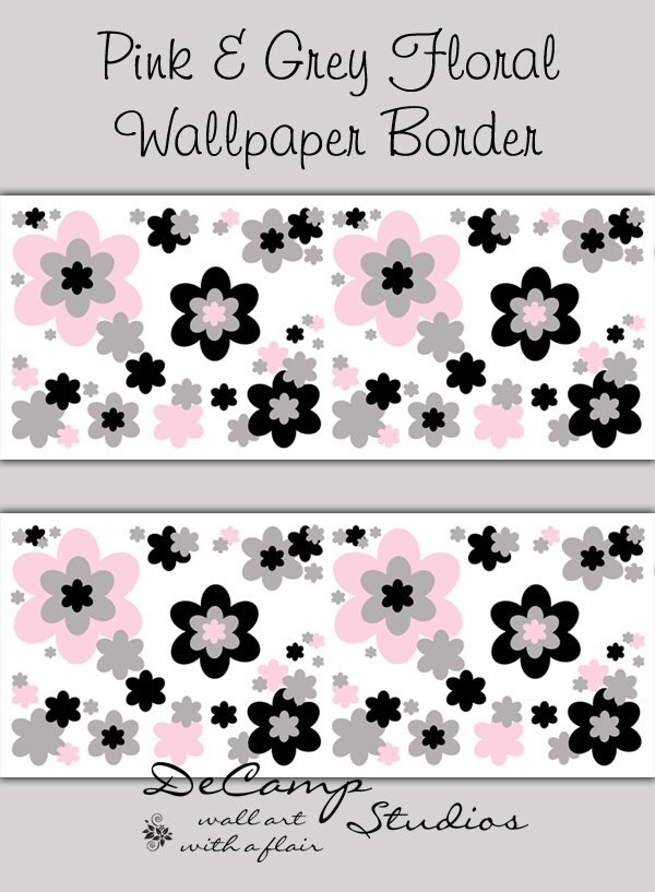 FLORAL WALLPAPER BORDER Pink Grey Gray Black Wall by decampstudios