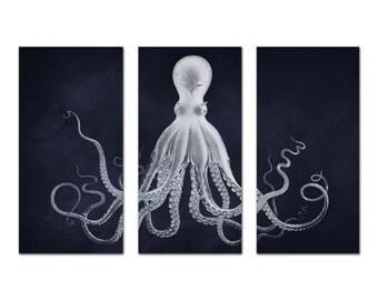 Octopus Wall Art, Octopus Print, Nautical Decor, Octopus Triptych, Large Art, Coastal Decor, Beach Wall Art, Royal Navy Blue Acid Wash