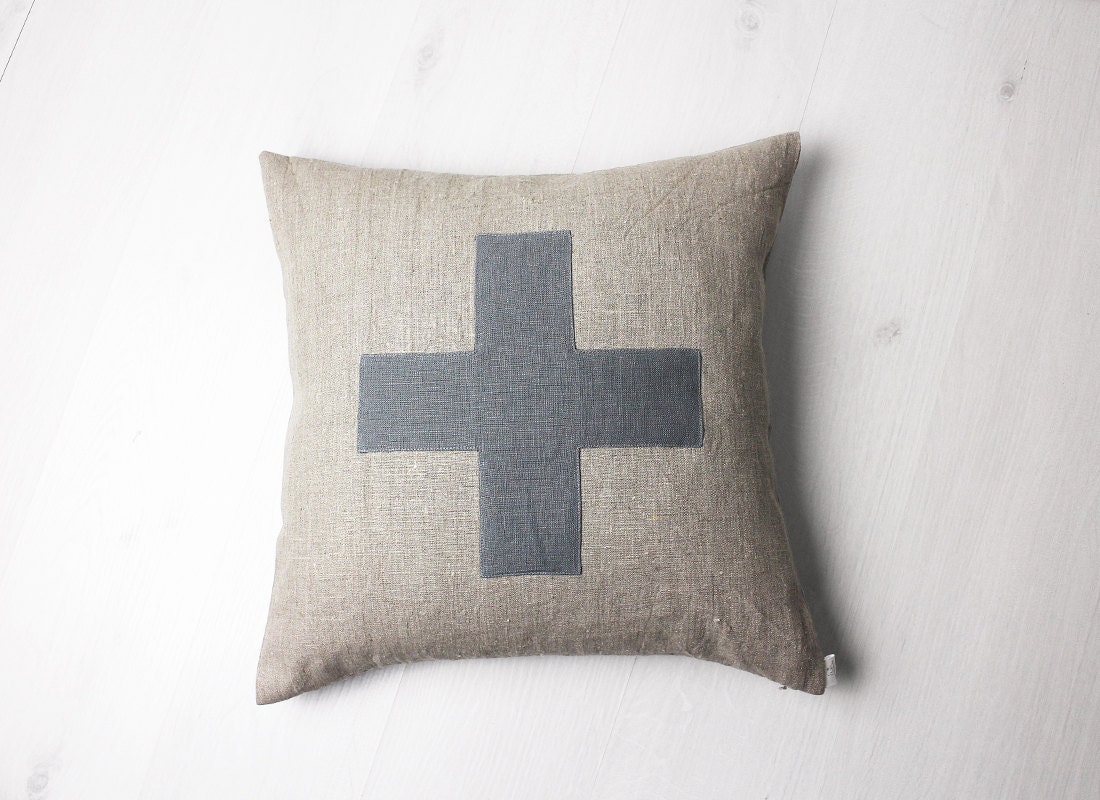 Linen Swiss Cross pillow cover Undyed Natural Linen Throw