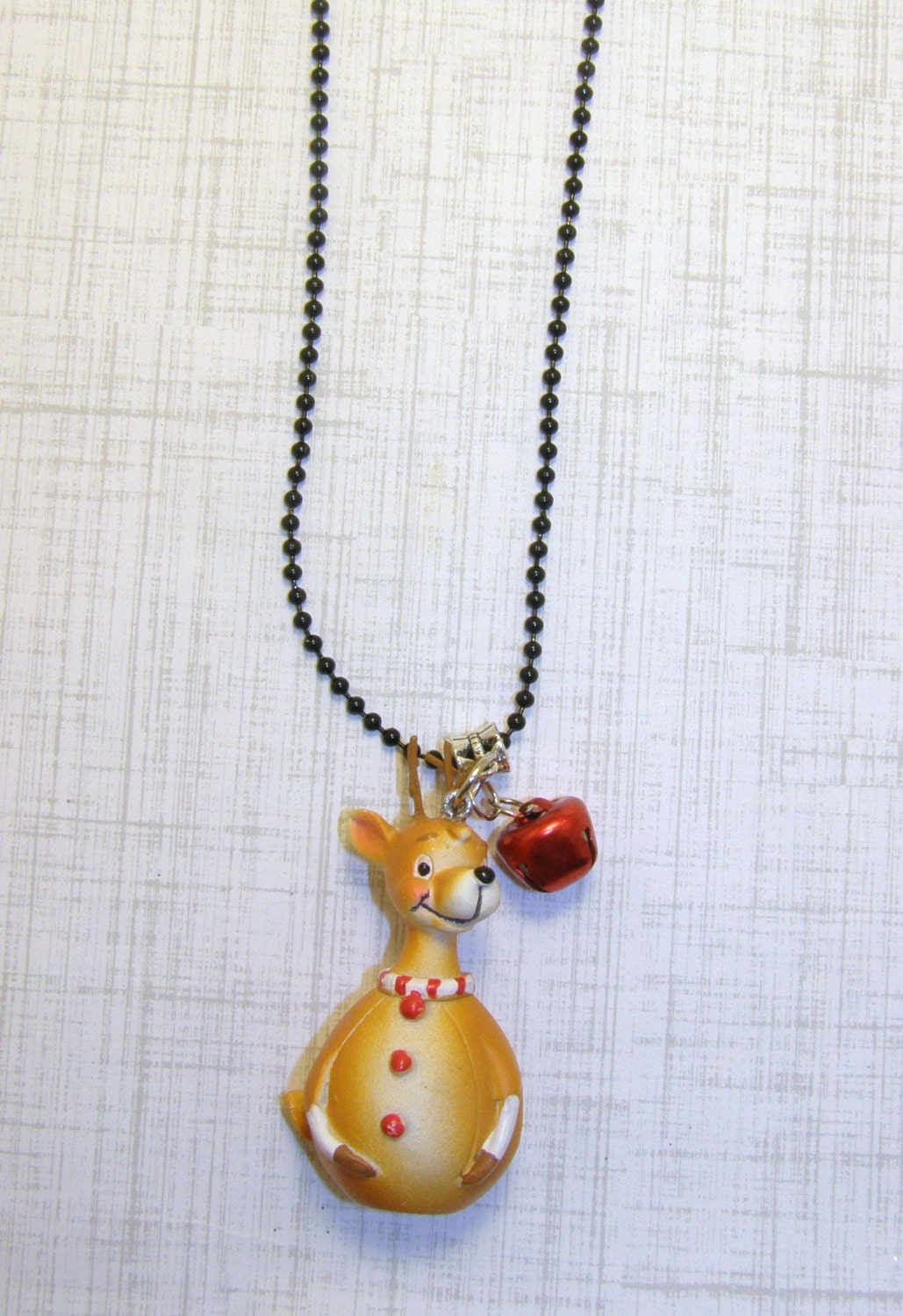 Reindeer Necklace With Red Bell Christmas by 24sevenjewelry