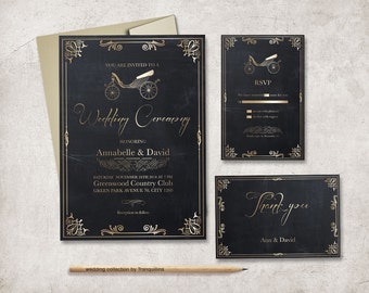 Gold Wedding Invitation Printable, Art Deco Wedding Invitation Suite, Chalkboard Wedding Invitation, Gold and Black Wedding Invite