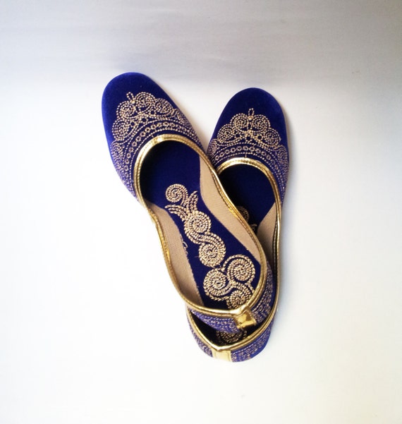 US Size 6 Royal Blue shoes/Velvet Shoes/Gold by Magicstring