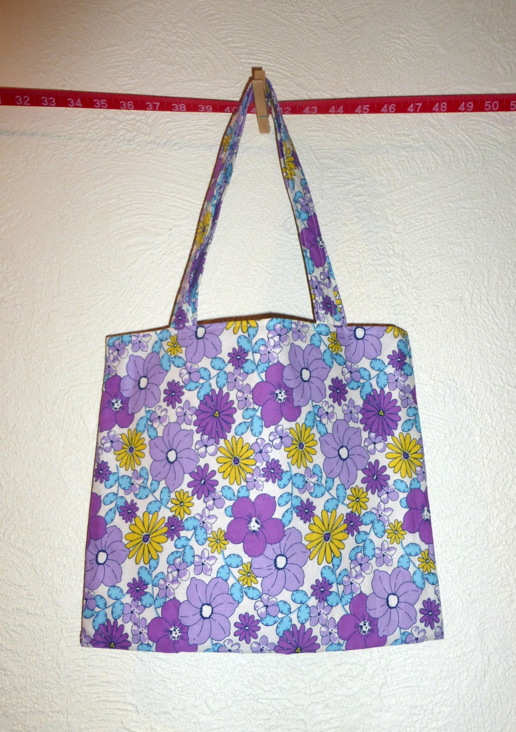 RETRO Floral PURPLE Fabric TOTE Bag Purse Fully Lined