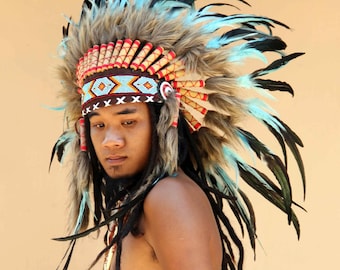 ON SALE Turquoise feather headdress, short length, Indian Inspired headdress , warbonnet native american style