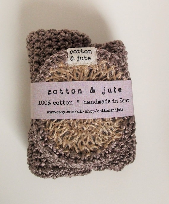 Eco-friendly Set of 3 crochet scrubbies and two washcloths in 100% cotton and jute