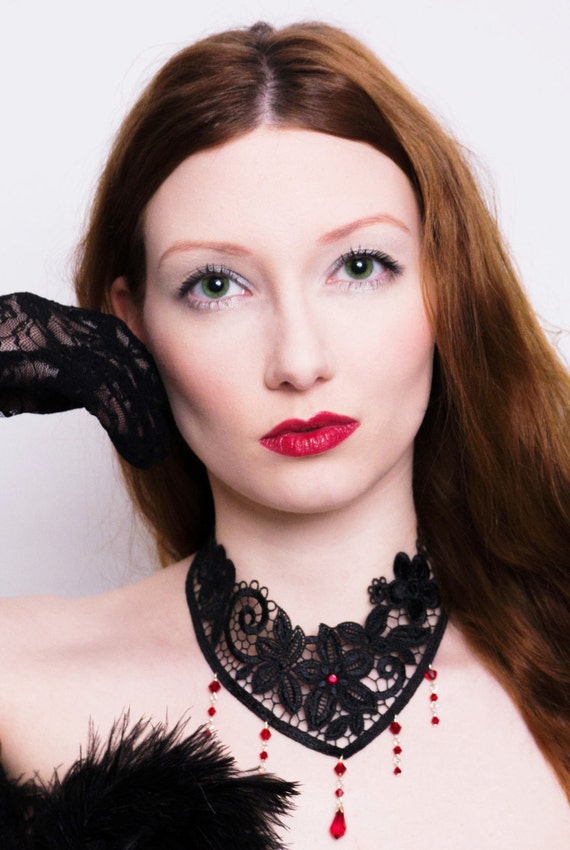 Gothic necklace Victorian choker with beautiful venise lace and Swarovski - Ruby red NOCTURNE by DarkEleganceDesigns steampunk buy now online