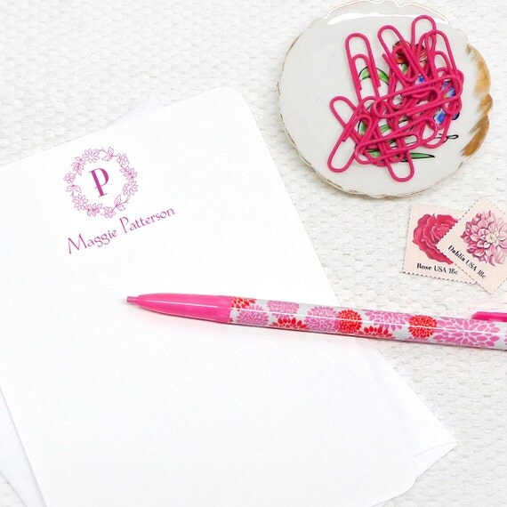 personalized note card stationery set FLORAL WREATH by naomilynn