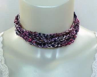 Shades of Purple Ladder Yarn Necklace - Crocheted Ribbon Necklace, Handmade Fiber Jewelry, Yarn Necklace, Crochet Jewelry, Adjustable Choker