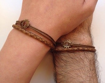 Couples Bracelets 184- friendship love cuff bronze gear charm bracelet leather braid gift adjustable current trendy innovative