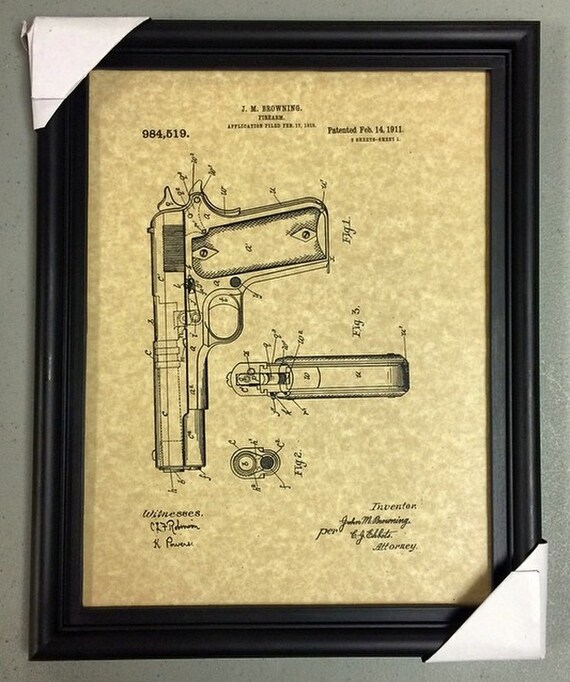 Framed Gun Art Browning Colt 1911 Patent Guns by NewWorldOrdnance
