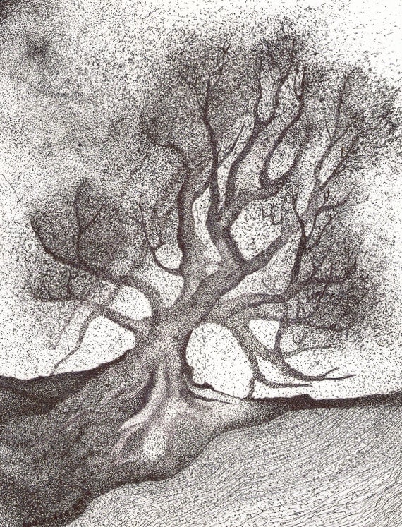 Dot DrawingTree Drawing Art Print Black and White by Le7Lune