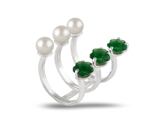 Triple ring Cubic zirconia ring Pearl ring Open ring Silver ring Green stone ring Gift idea