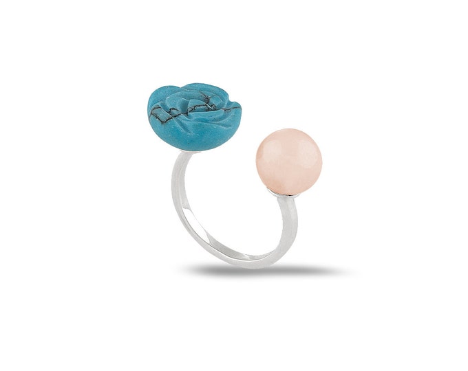 Rose quartz ring Turquoise ring Blue rose Pink stone ring Blue stone ring natural stone ring Gift idea Bridesmaid ring