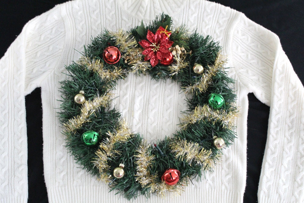Adorable Ugly Christmas Sweater Handmade "Light-up Wreath" One of a Kind Women's Shirt- Size Medium