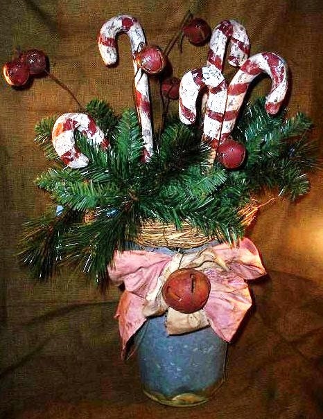 Christmas Holiday Decor Rustic Bucket and Sculpted Handmade Candy Canes and Greenery with Rustic Jingle Bells